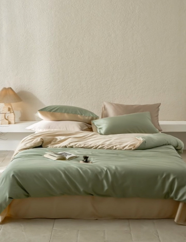 91家纺网 家纺一手货源 找家纺 咏绒家纺工厂店 2025新款60支奥地利兰精天丝纯色天丝棉四件套 兰苕（瓦松绿-小麦色）