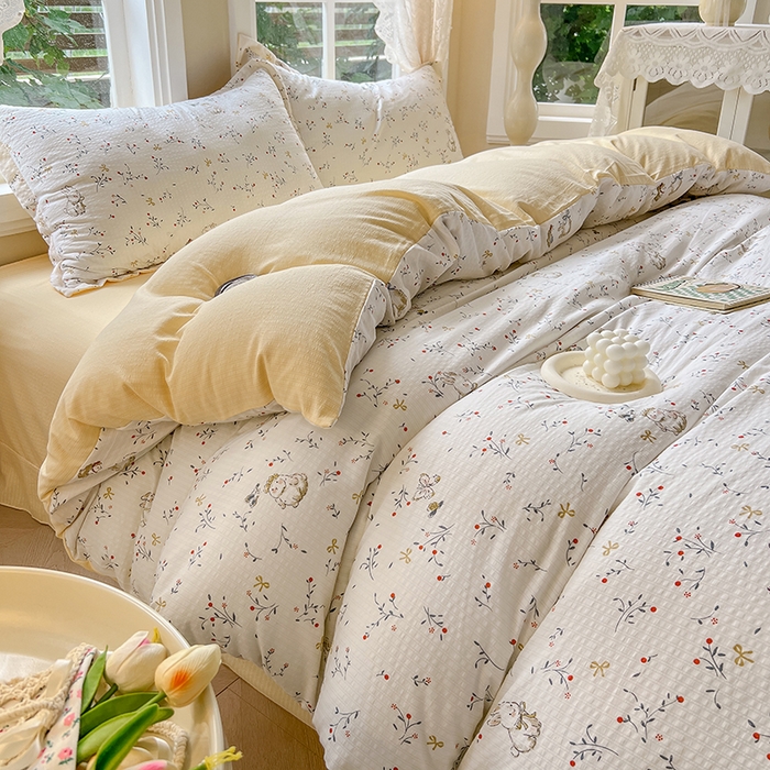 91家纺网 家纺一手货源 找家纺 壹号库 2025新款A类提花有氧彩竺绵四件套 田园小兔