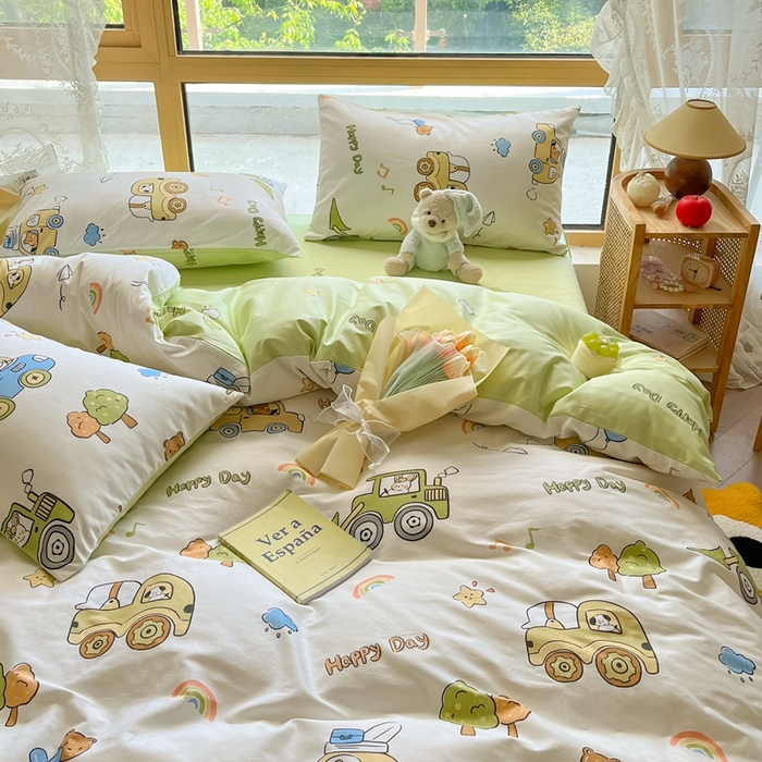 91家纺网 家纺一手货源 找家纺 吉象家纺13070全棉四件套纯棉四件套直播小清新男孩女工程车