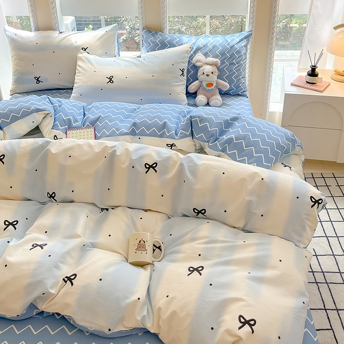 91家纺网 家纺一手货源 找家纺 吉象家纺13070全棉四件套纯棉四件套直播小清新男孩女蓝茵