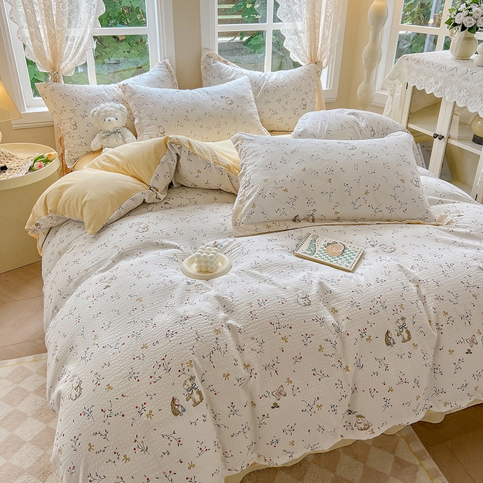 91家纺网 家纺一手货源 找家纺 壹号库 2025新款A类提花有氧彩竺绵四件套 田园小兔