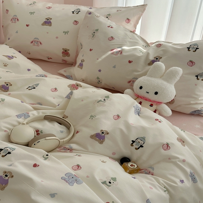 91家纺网 家纺一手货源 找家纺 尺素 2025新款全棉卡通可爱儿童四件套纯棉活性A类被套学生宿舍三件套1.8床笠双人床单 软萌派