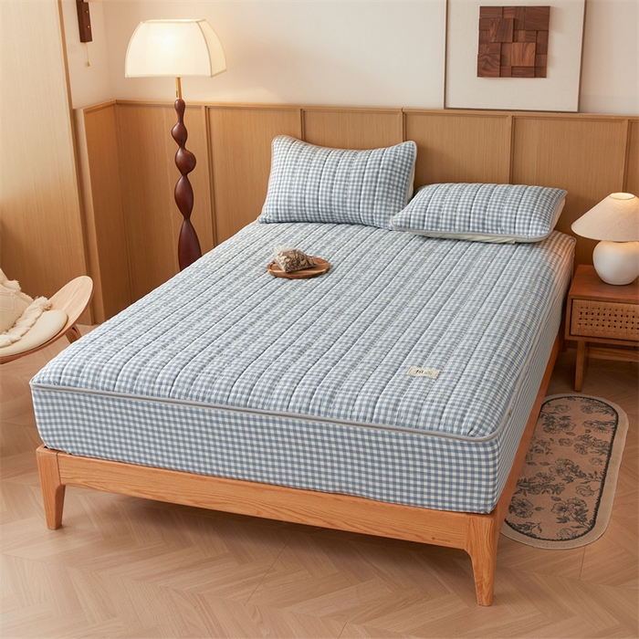 91家纺网 家纺一手货源 找家纺 伊人坊2025新款全棉色织水洗棉六面全包床笠床垫保护套无印风 单层床围-蓝小格
