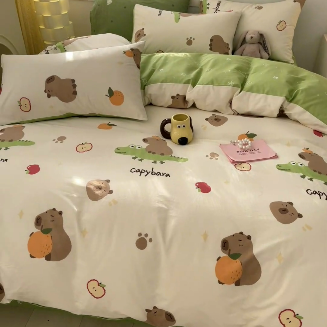 91家纺网 家纺一手货源 找家纺 吉象家纺13070全棉四件套纯棉四件套直播小清新男孩女卡皮巴拉