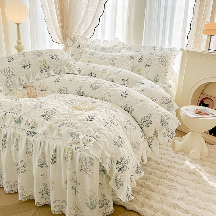 91家纺网 家纺一手货源 找家纺 宜凡家纺 2025新款糯糯棉全夹棉床笠式床裙四件套 花季浅吟