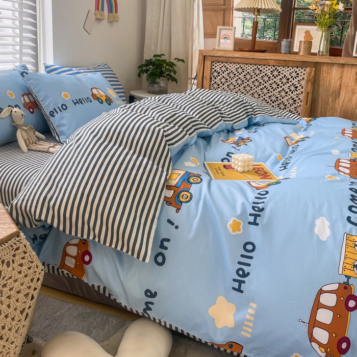 91家纺网 家纺一手货源 找家纺 吉象家纺13070全棉四件套纯棉四件套直播小清新男孩女宝宝巴士