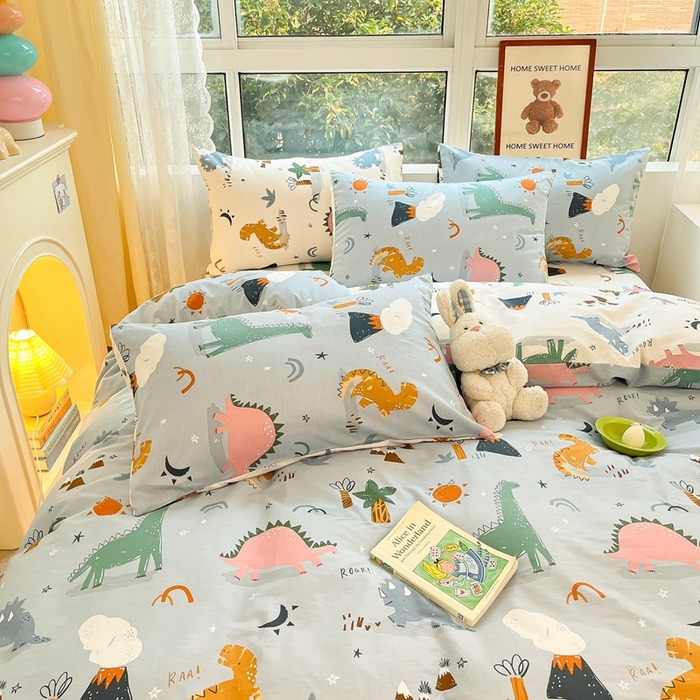 91家纺网 家纺一手货源 找家纺 吉象家纺13070全棉四件套纯棉四件套直播小清新男孩女恐龙乐园