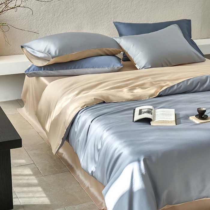 91家纺网 家纺一手货源 找家纺 咏绒家纺工厂店 2025新款60支奥地利兰精天丝纯色天丝棉四件套 岩岭（朦胧灰-小麦色）