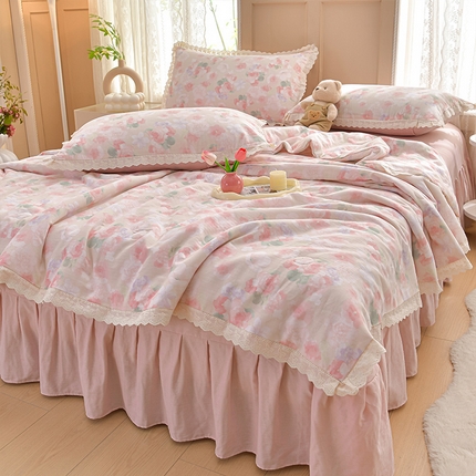 91家纺网 家纺一手货源 找家纺 （总）绘萱家居 2025新款100%全棉双层纱花边床裙款夏被四件套