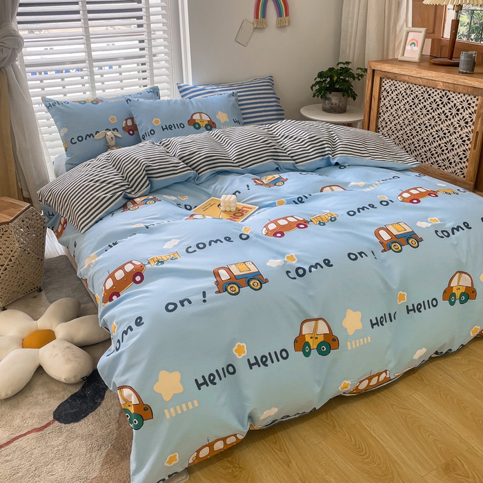 91家纺网 家纺一手货源 找家纺 吉象家纺13070全棉四件套纯棉四件套直播小清新男孩女宝宝巴士