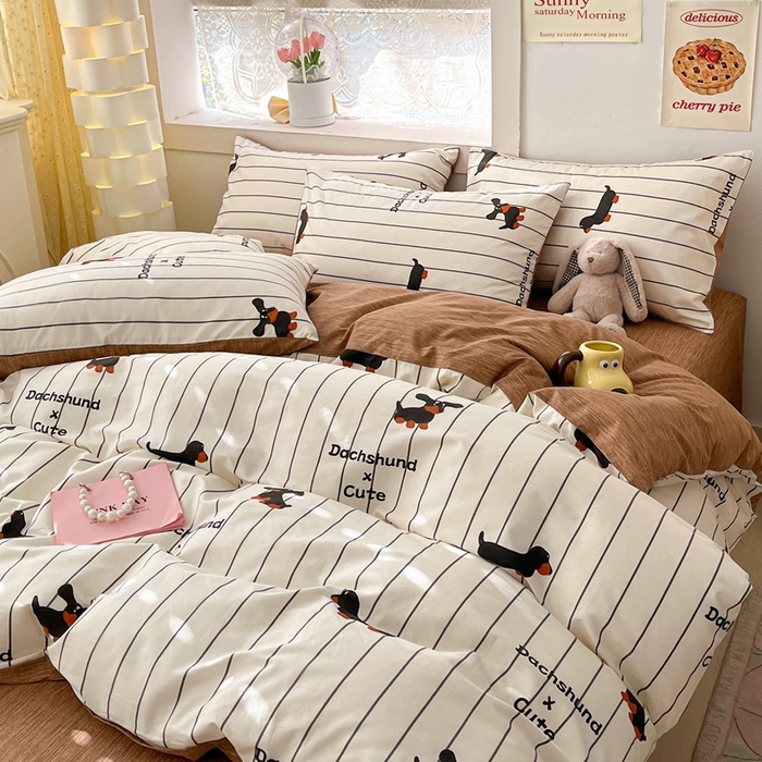 91家纺网 家纺一手货源 找家纺 吉象家纺13070全棉四件套纯棉四件套直播小清新男孩女腊肠犬