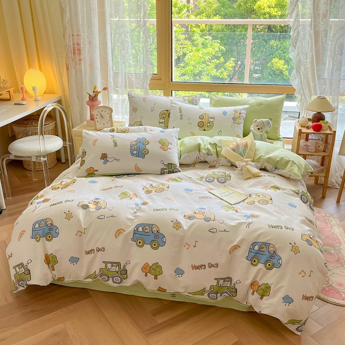 91家纺网 家纺一手货源 找家纺 吉象家纺13070全棉四件套纯棉四件套直播小清新男孩女工程车