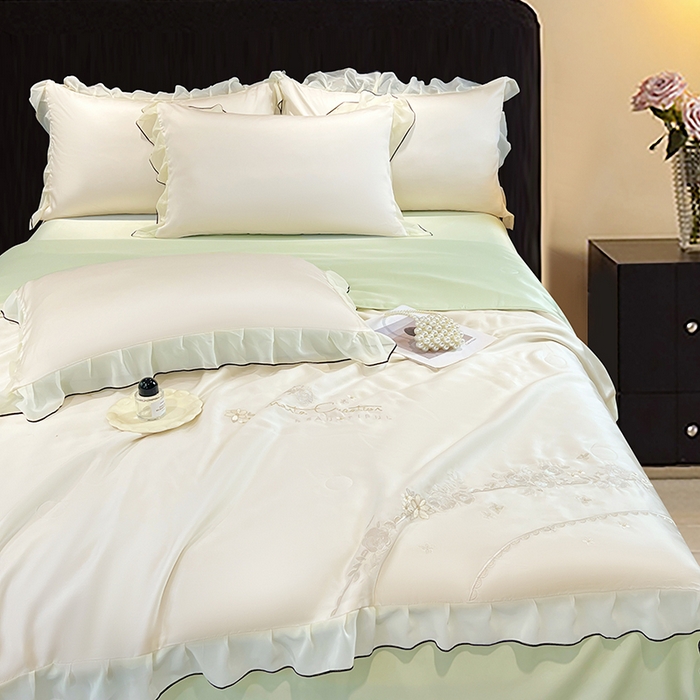 91家纺网 家纺一手货源 找家纺 梦舒羽 2025新款刺绣水洗真丝花边夏被四件套宿舍夏凉被床单枕套三件套-花韵花边款 花韵-绿（花边款）