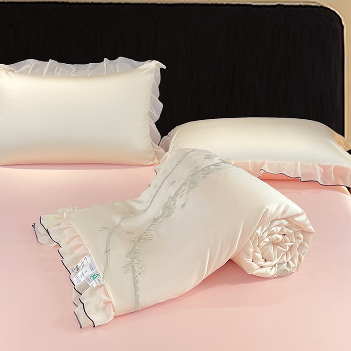 91家纺网 家纺一手货源 找家纺 梦舒羽 2025新款刺绣水洗真丝花边夏被四件套宿舍夏凉被床单枕套三件套-花韵花边款 花韵-粉（花边款）