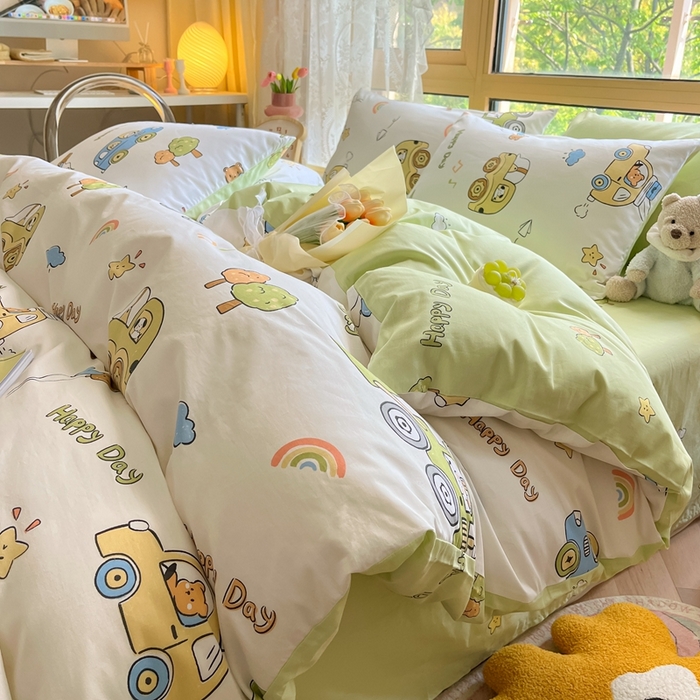 91家纺网 家纺一手货源 找家纺 吉象家纺13070全棉四件套纯棉四件套直播小清新男孩女工程车