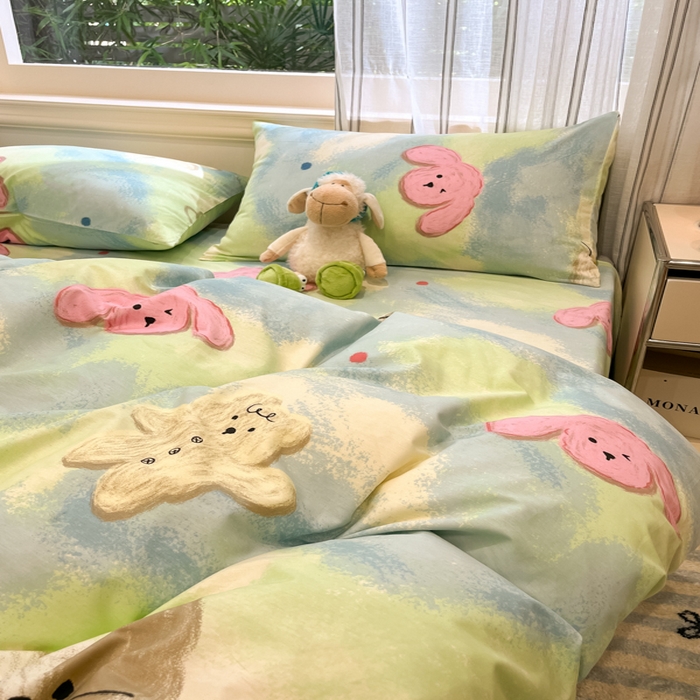 91家纺网 家纺一手货源 找家纺 吉象家纺13070全棉四件套纯棉四件套直播小清新男孩女蜡笔画