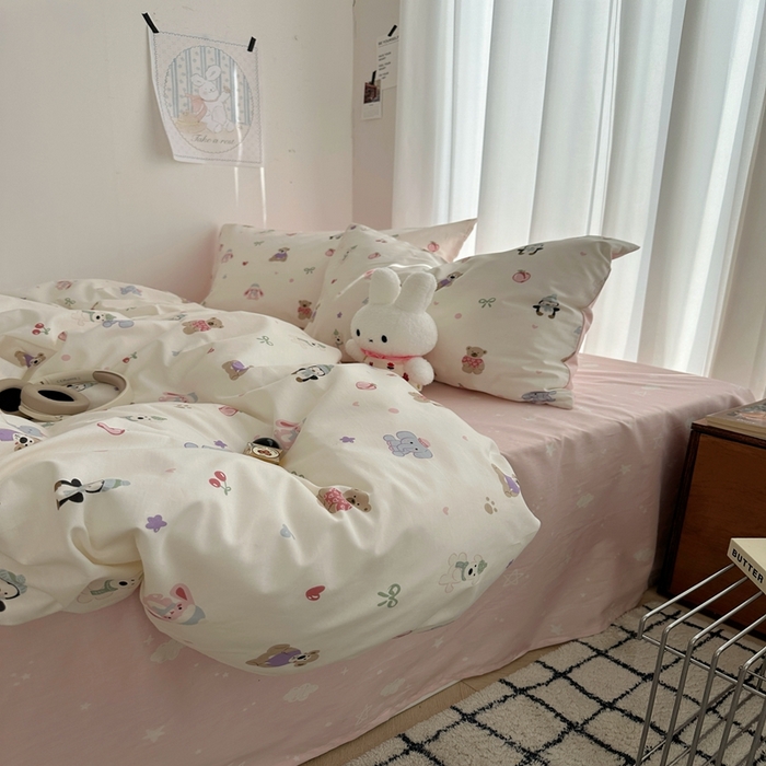 91家纺网 家纺一手货源 找家纺 尺素 2025新款全棉卡通可爱儿童四件套纯棉活性A类被套学生宿舍三件套1.8床笠双人床单 软萌派