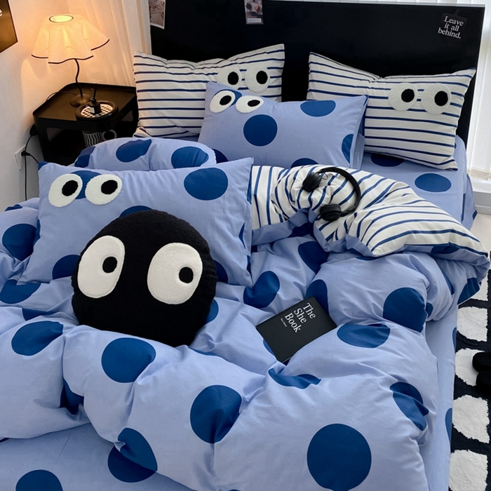 91家纺网 家纺一手货源 找家纺 吉象 2025新款大眼睛毛巾绣四件套 大眼睛-波点魅惑蓝