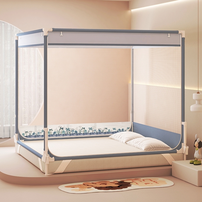 91家纺网 家纺一手货源 找家纺 迪凡保罗蚊帐 2025新款2508围栏级防摔数码印花坐床蚊帐 月光灰