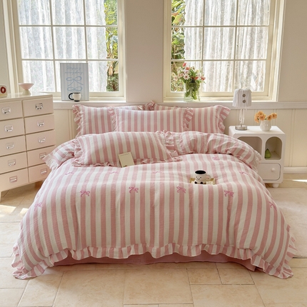 2025新品全棉色织皱皱纱刺绣款四件套 爱丽丝的梦 粉