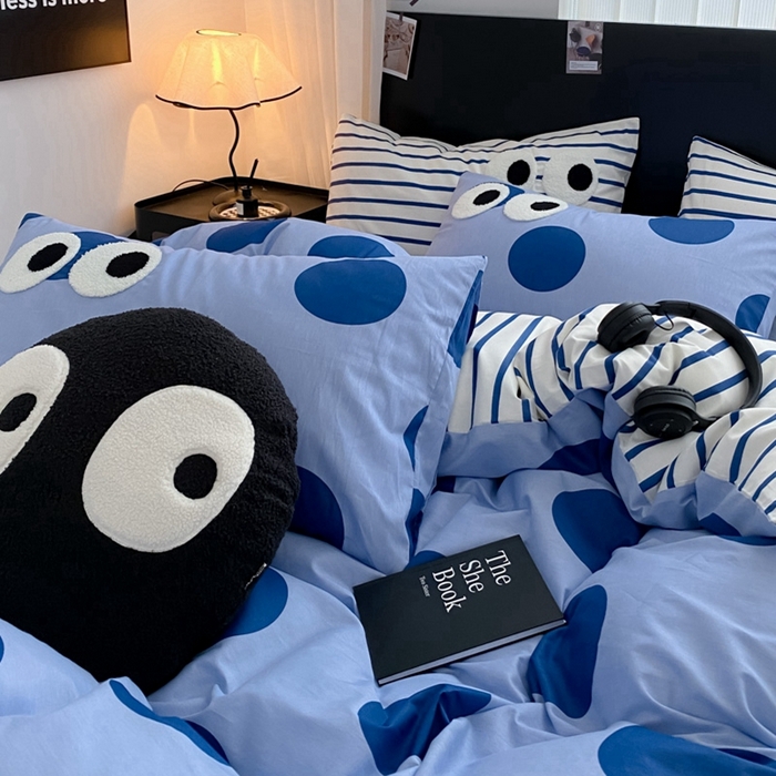 91家纺网 家纺一手货源 找家纺 吉象 2025新款大眼睛毛巾绣四件套 大眼睛-波点魅惑蓝