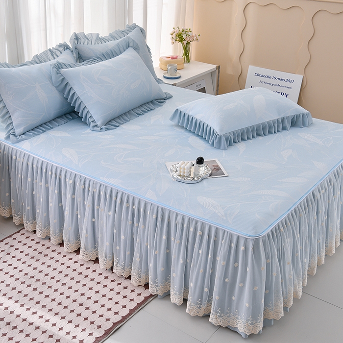 91家纺网 家纺一手货源 找家纺 家之硕家纺 2025春夏新款凉感提花凉席三件套-夏日清凉系列 夏日清凉---蓝