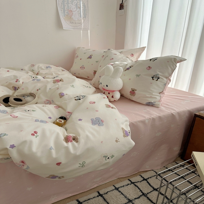 91家纺网 家纺一手货源 找家纺 尺素 2025新款全棉卡通可爱儿童四件套纯棉活性A类被套学生宿舍三件套1.8床笠双人床单 软萌派