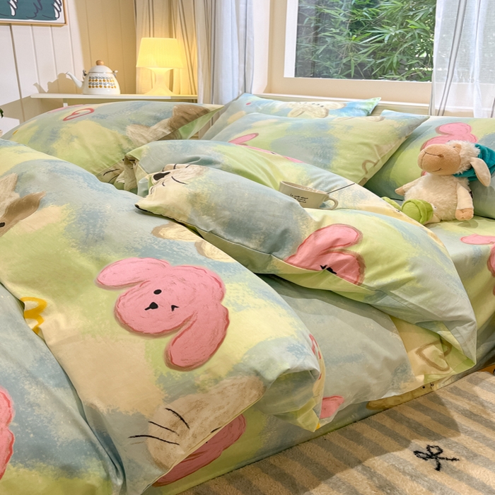 91家纺网 家纺一手货源 找家纺 吉象家纺13070全棉四件套纯棉四件套直播小清新男孩女蜡笔画