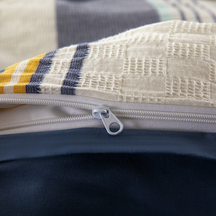 91家纺网 家纺一手货源 找家纺 简宜家居（朝初家纺） 2025新款华夫纯棉格色织提花四件套 初色-蓝