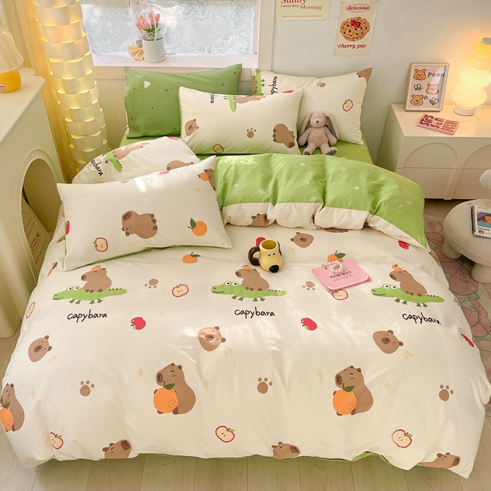 91家纺网 家纺一手货源 找家纺 吉象家纺13070全棉四件套纯棉四件套直播小清新男孩女卡皮巴拉