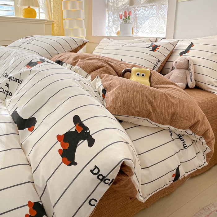 91家纺网 家纺一手货源 找家纺 吉象家纺13070全棉四件套纯棉四件套直播小清新男孩女腊肠犬