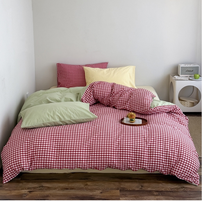 91家纺网 家纺一手货源 找家纺 （总）艾沁2025新款全棉色织水洗棉西瓜色撞色四件套