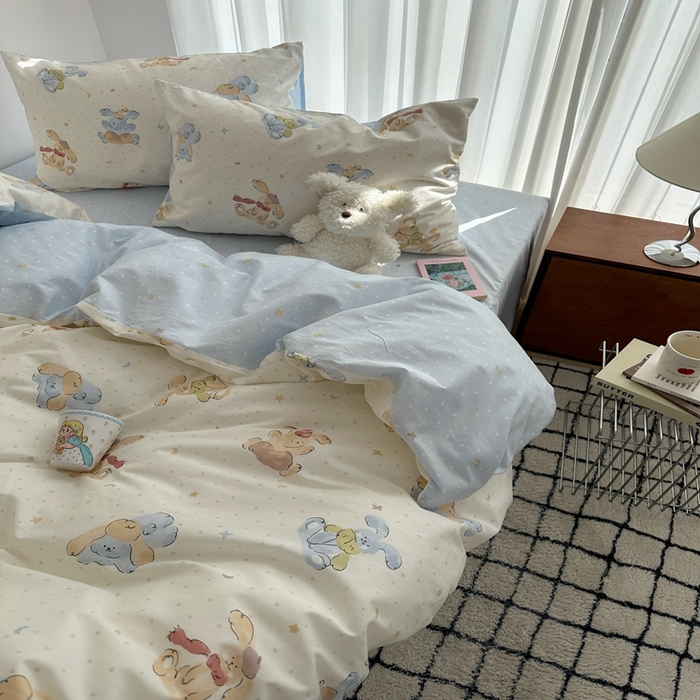 91家纺网 家纺一手货源 找家纺 尺素 2025新款全棉卡通可爱儿童四件套纯棉活性A类被套学生宿舍三件套1.8床笠双人床单 米团兔