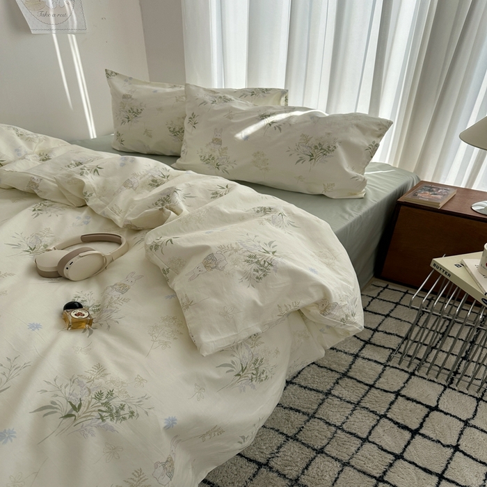 91家纺网 家纺一手货源 找家纺 尺素 2025新款全棉卡通可爱儿童四件套纯棉活性A类被套学生宿舍三件套1.8床笠双人床单 薄荷小兔