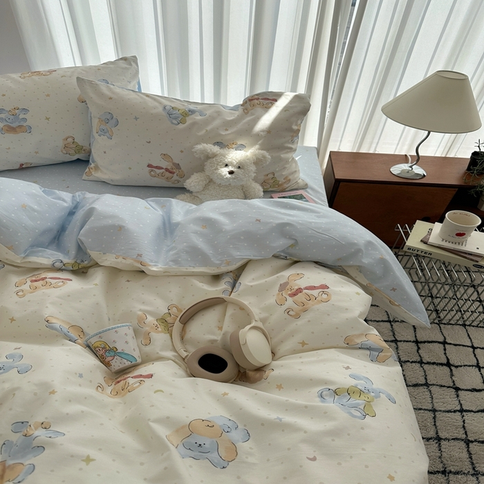 91家纺网 家纺一手货源 找家纺 尺素 2025新款全棉卡通可爱儿童四件套纯棉活性A类被套学生宿舍三件套1.8床笠双人床单 米团兔