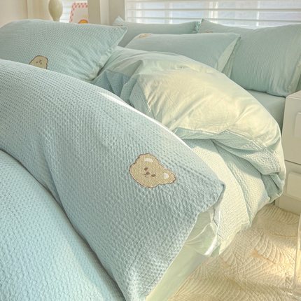 静家居 2025新款全棉纯棉华夫格北欧小熊刺绣四件套系列-风格一 北欧小熊-露草