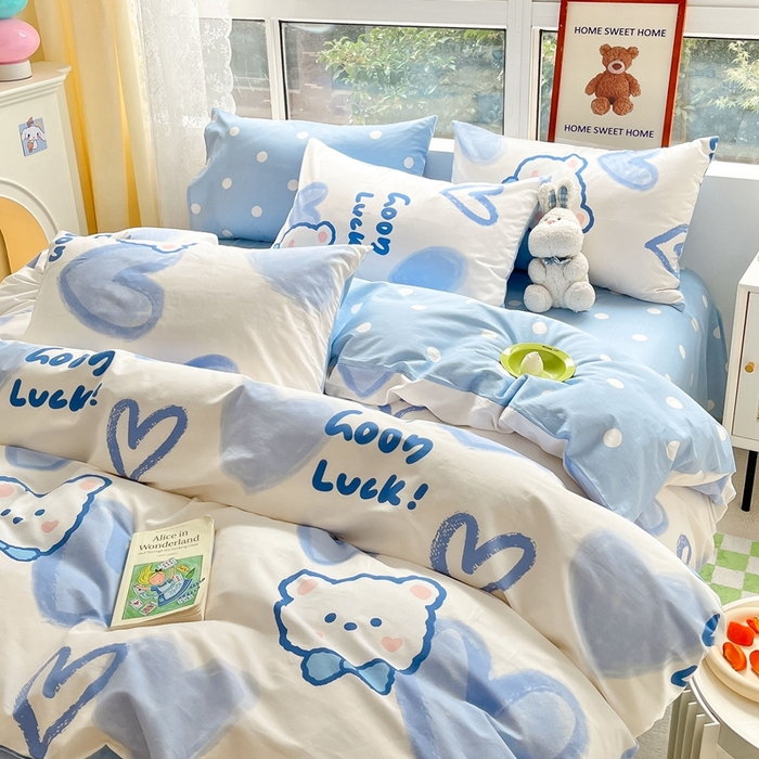 91家纺网 家纺一手货源 找家纺 吉象家纺13070全棉四件套纯棉四件套直播小清新男孩女兰心小熊