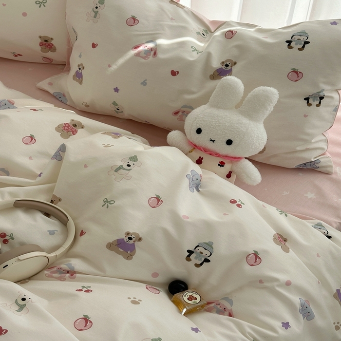 91家纺网 家纺一手货源 找家纺 尺素 2025新款全棉卡通可爱儿童四件套纯棉活性A类被套学生宿舍三件套1.8床笠双人床单 软萌派
