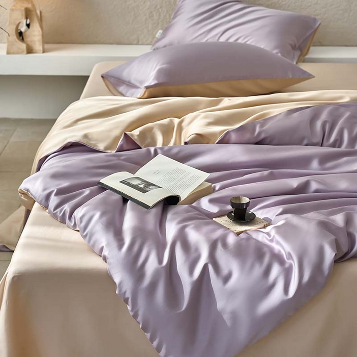 91家纺网 家纺一手货源 找家纺 咏绒家纺工厂店 2025新款60支奥地利兰精天丝纯色天丝棉四件套 紫缇（紫缇-小麦色）