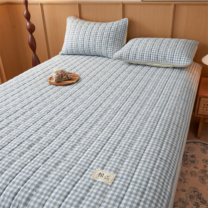 91家纺网 家纺一手货源 找家纺 伊人坊2025新款全棉色织水洗棉六面全包床笠床垫保护套无印风 单层床围-蓝小格