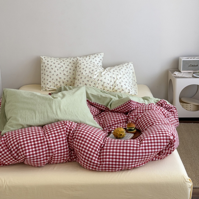 91家纺网 家纺一手货源 找家纺 （总）艾沁2025新款全棉色织水洗棉西瓜色撞色四件套