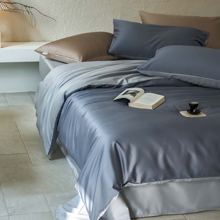 91家纺网 家纺一手货源 找家纺 咏绒家纺工厂店 2025新款60支奥地利兰精天丝纯色天丝棉四件套 菘蓝（暮色灰紫-朦胧灰）