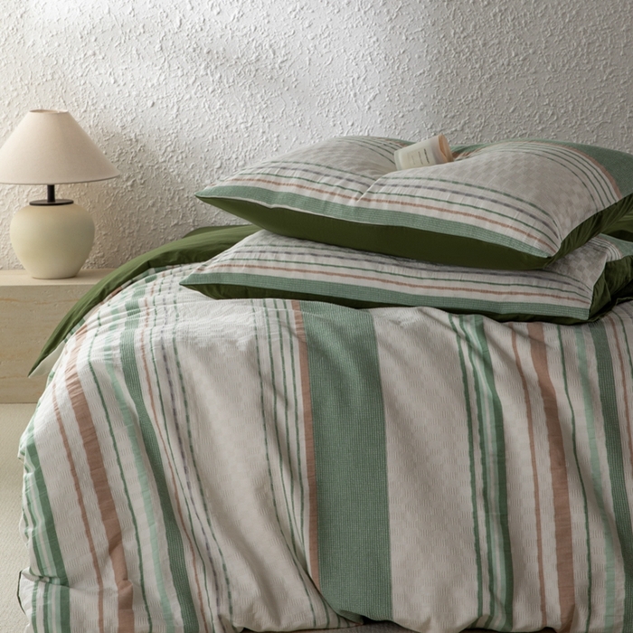 91家纺网 家纺一手货源 找家纺 简宜家居（朝初家纺） 2025新款华夫纯棉格色织提花四件套 初色-墨绿