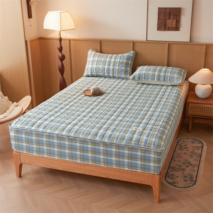 91家纺网 家纺一手货源 找家纺 伊人坊2025新款全棉色织水洗棉六面全包床笠床垫保护套无印风 单层床围-简兮蓝