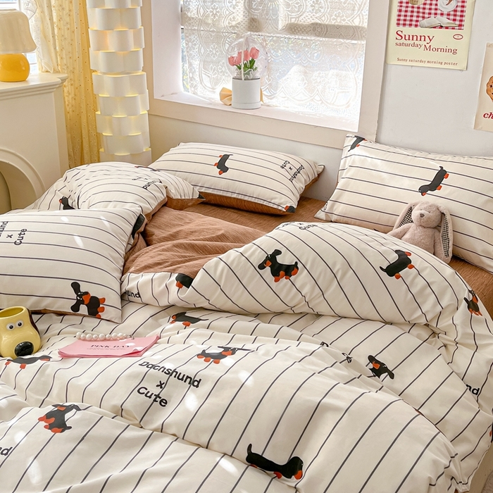 91家纺网 家纺一手货源 找家纺 吉象家纺13070全棉四件套纯棉四件套直播小清新男孩女腊肠犬