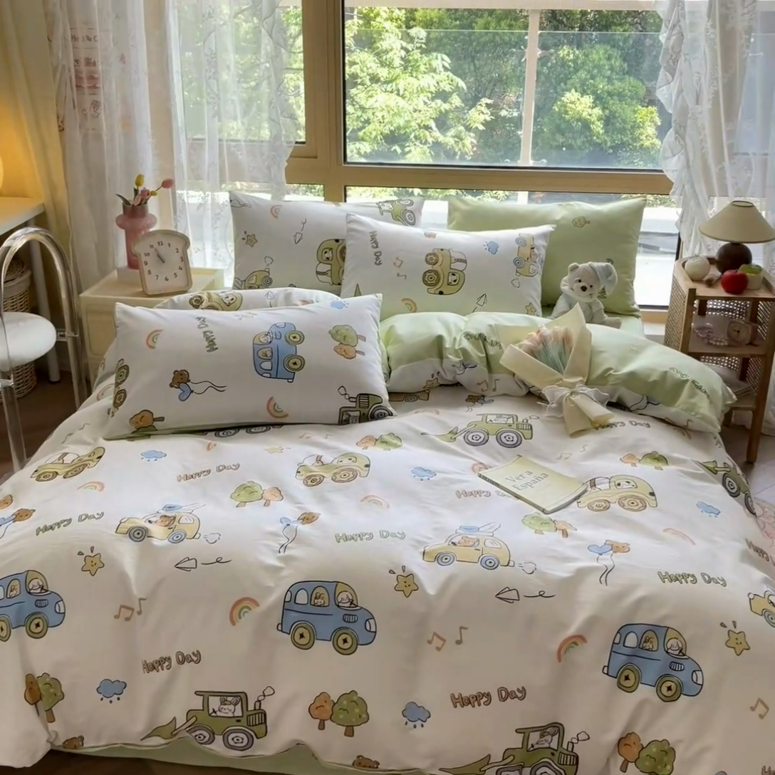 91家纺网 家纺一手货源 找家纺 吉象家纺13070全棉四件套纯棉四件套直播小清新男孩女工程车