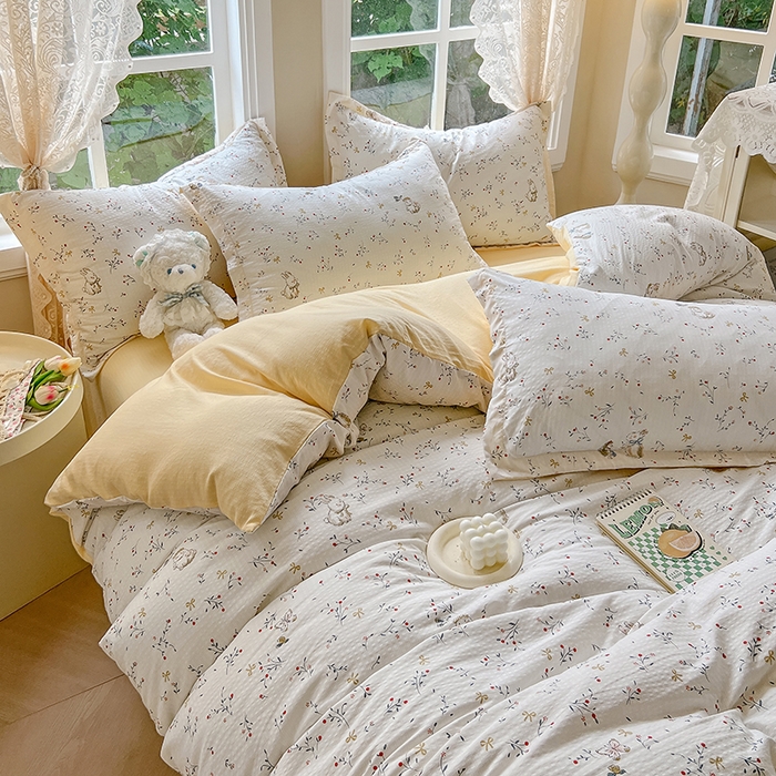 91家纺网 家纺一手货源 找家纺 壹号库 2025新款A类提花有氧彩竺绵四件套 田园小兔