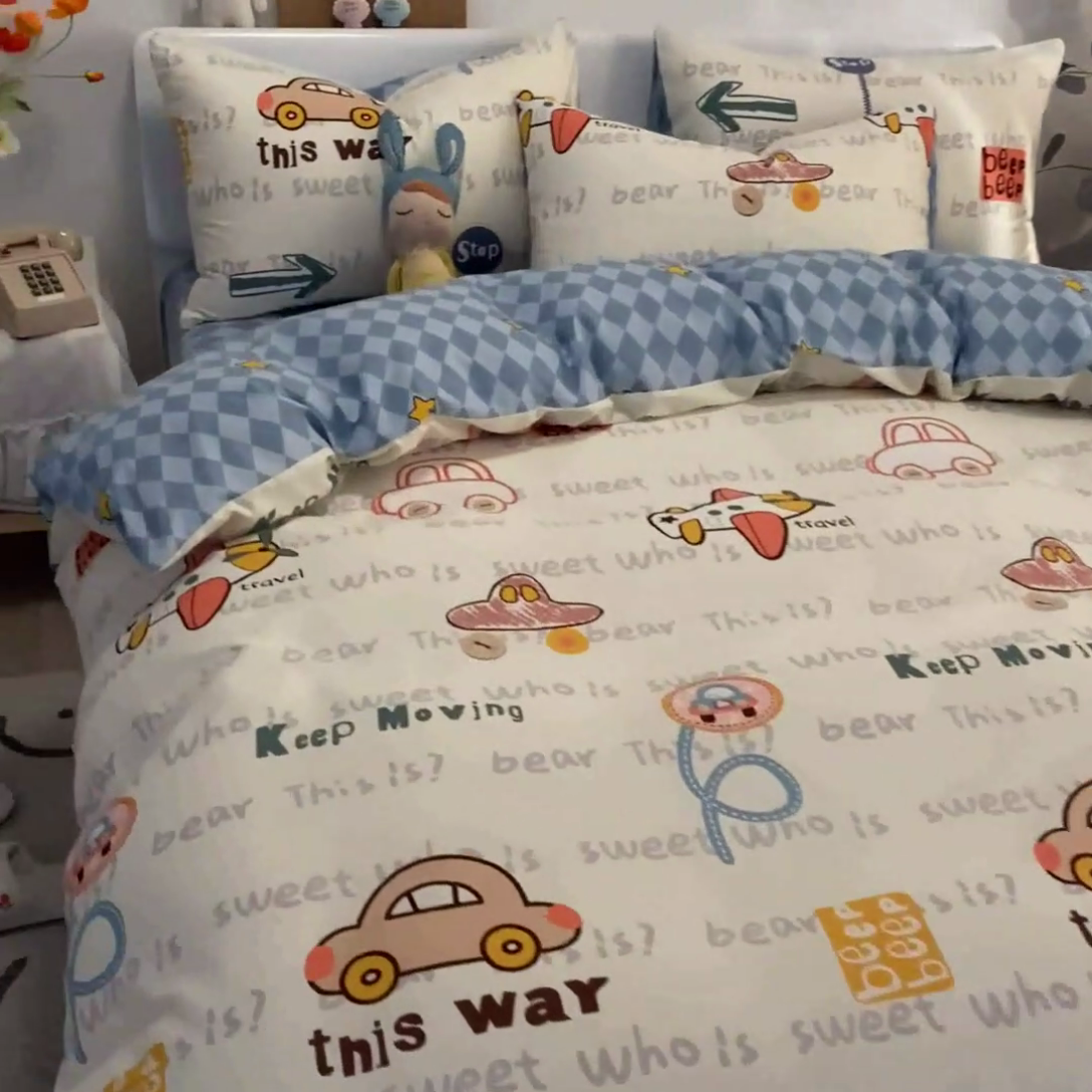 91家纺网 家纺一手货源 找家纺 吉象家纺13070全棉四件套纯棉四件套直播小清新男孩女汽车向导