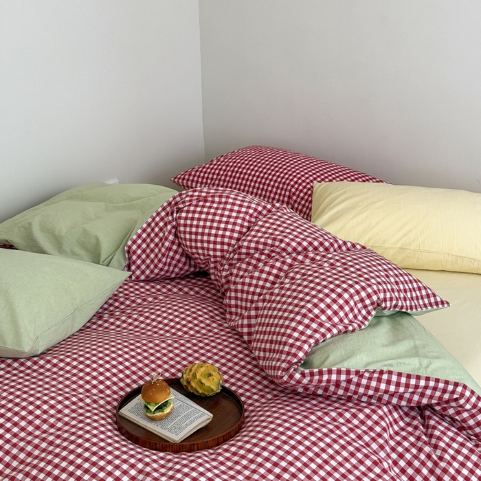 91家纺网 家纺一手货源 找家纺 （总）艾沁2025新款全棉色织水洗棉西瓜色撞色四件套