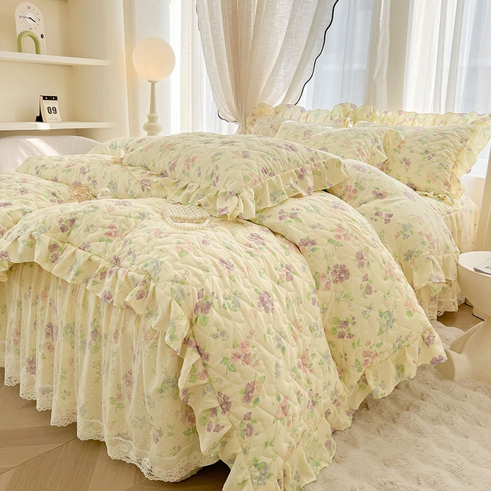 91家纺网 家纺一手货源 找家纺 宜凡家纺 2025新款糯糯棉全夹棉床笠式床裙四件套 漫花香